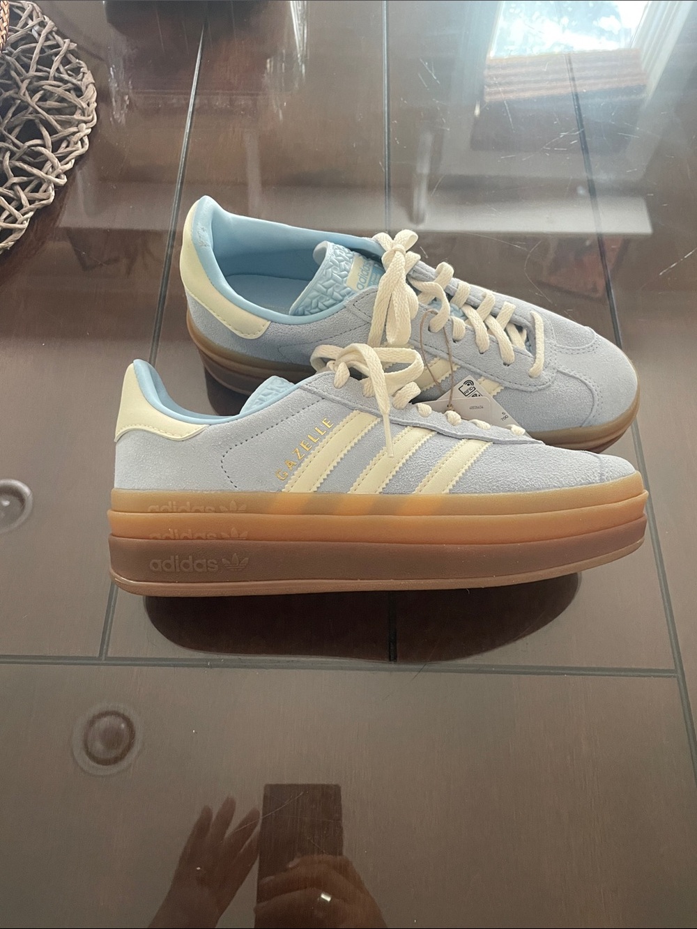 adidas Gazelle Platform Sneakers in Light Blue and White with Tan Sole - Picture 2 of 3